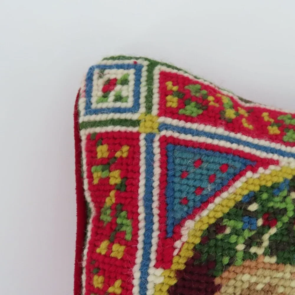Santa Claus Children Christmas Red Velvet Needlepoint Throw Pillow Xmas Holiday